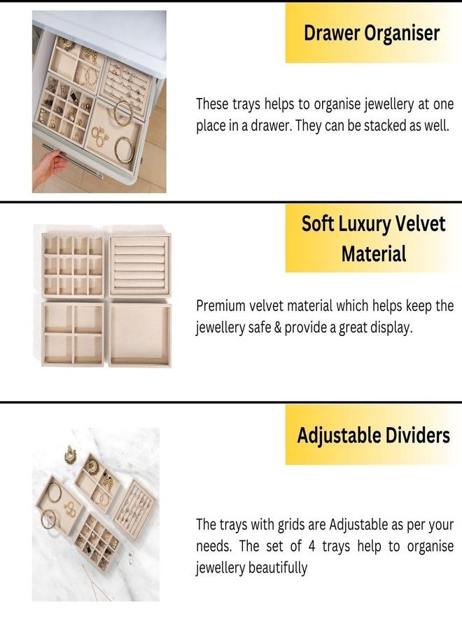 La Trove Jewelry Organizer Tray Set of 4 | Velvet Stackable Jewelry Storage Tray for Drawer | Ring, Earring & Necklace Organizer Box, Cream - Image 4