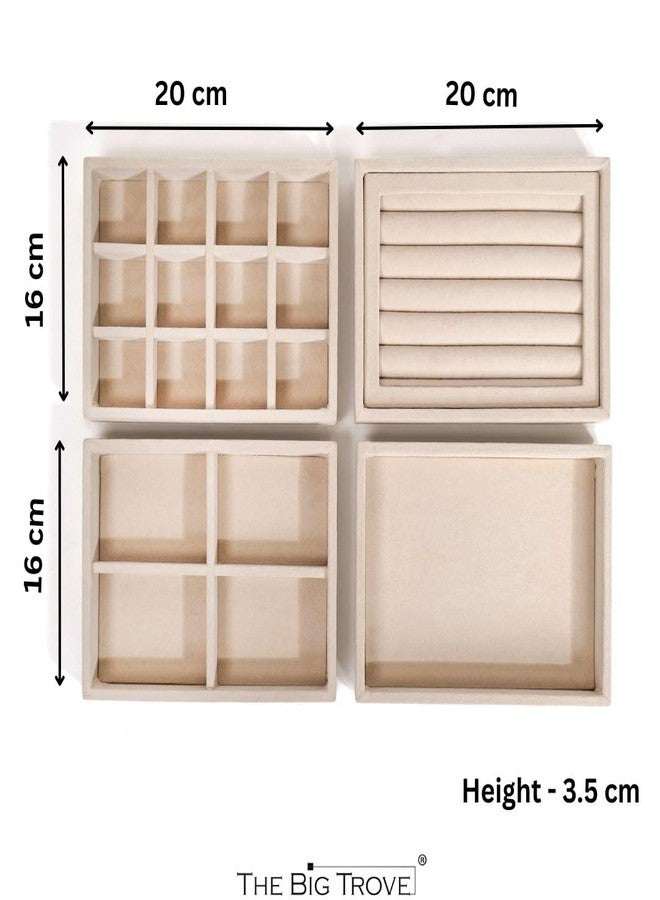 La Trove Jewelry Organizer Tray Set of 4 | Velvet Stackable Jewelry Storage Tray for Drawer | Ring, Earring & Necklace Organizer Box, Cream - Image 5