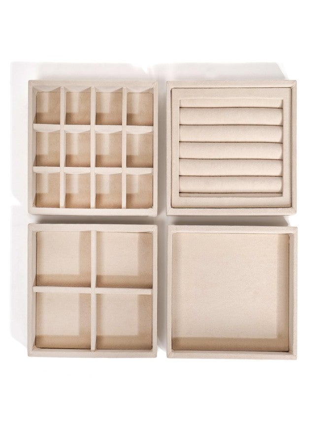 La Trove Jewelry Organizer Tray Set of 4 | Velvet Stackable Jewelry Storage Tray for Drawer | Ring, Earring & Necklace Organizer Box, Cream - Image 3