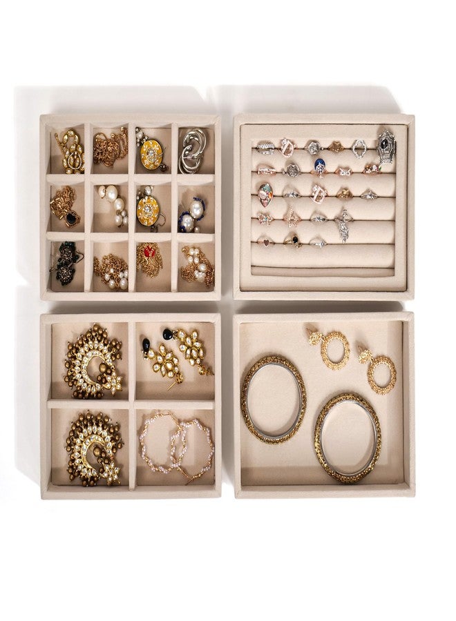 La Trove Jewelry Organizer Tray Set of 4 | Velvet Stackable Jewelry Storage Tray for Drawer | Ring, Earring & Necklace Organizer Box, Cream - Image 2