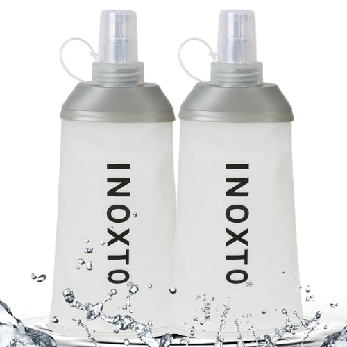 INOXTO زجاجة مياه قابلة للطي INOXTO، زجاجات مياه مرنة لسترات الترطيب وحزم الجري، زجاجات جري مرنة للمشي وركوب الدراجات (250/500 مل) (2 قطع كبيرة) - Image 1