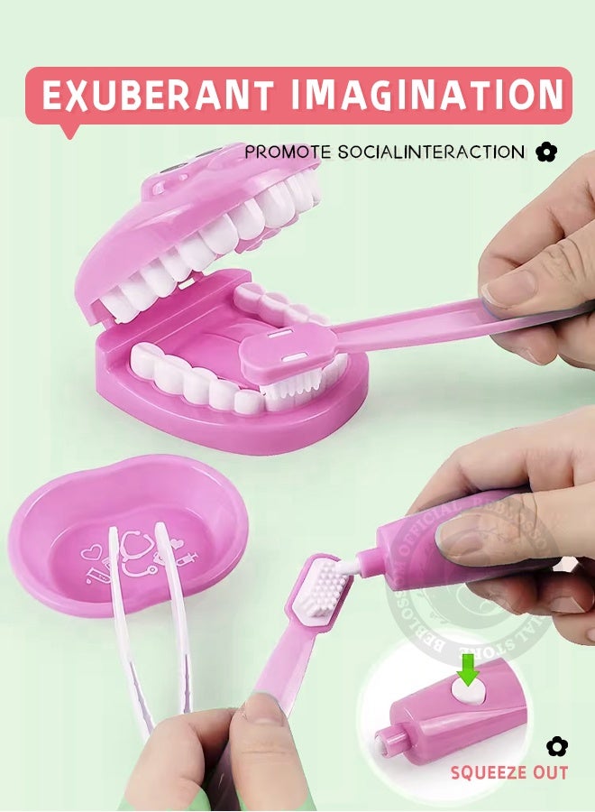 BEBLOSSOM 9-Piece Kids Dental Pretend Play Set – Educational Dentist Kit with Teeth Model, Toothbrush, Syringe, Mirror, and Dental Tools (Pink) - Image 3