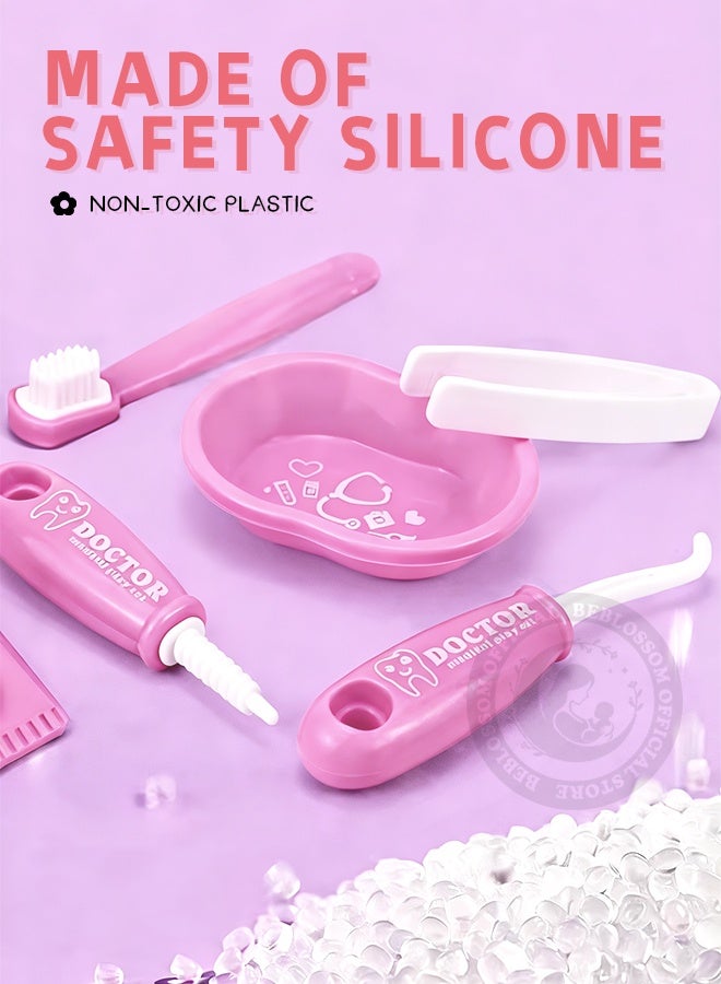 BEBLOSSOM 9-Piece Kids Dental Pretend Play Set – Educational Dentist Kit with Teeth Model, Toothbrush, Syringe, Mirror, and Dental Tools (Pink) - Image 4