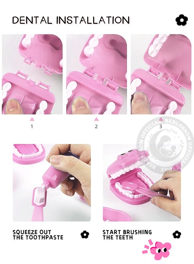 BEBLOSSOM 9-Piece Kids Dental Pretend Play Set – Educational Dentist Kit with Teeth Model, Toothbrush, Syringe, Mirror, and Dental Tools (Pink) - Image 5