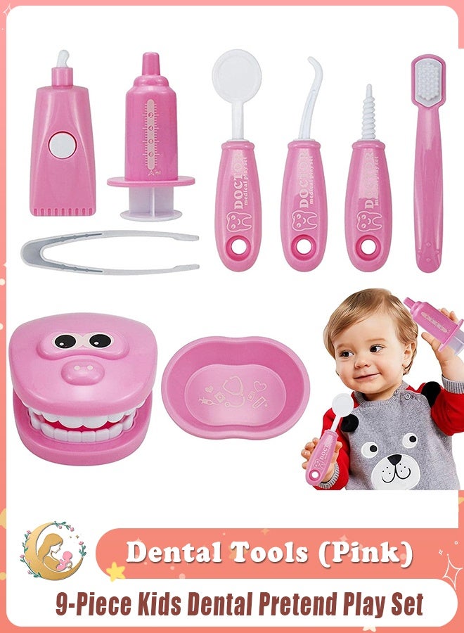 BEBLOSSOM 9-Piece Kids Dental Pretend Play Set – Educational Dentist Kit with Teeth Model, Toothbrush, Syringe, Mirror, and Dental Tools (Pink) - Image 1