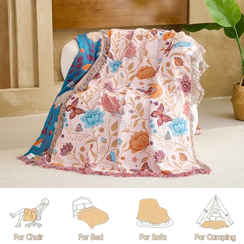 VANJOROY Boho Throw Blanket 100 Organic Cotton Breathable Ultra Soft 50 x 60 Bed Quilt Throw All Season Floral Rustic Farmhouse Decor Luxury Reversible Blanket for Sofa Couch Chair and Gift - Image 3
