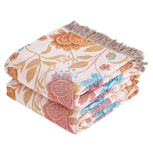 VANJOROY Boho Throw Blanket 100 Organic Cotton Breathable Ultra Soft 50 x 60 Bed Quilt Throw All Season Floral Rustic Farmhouse Decor Luxury Reversible Blanket for Sofa Couch Chair and Gift - Image 1