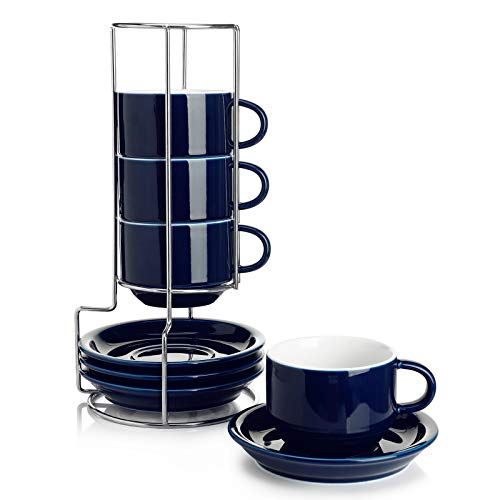 Sweese 8 Ounce Porcelain Stackable Cappuccino Cups with Saucers and Metal Stand  for Specialty Coffee Drinks Cappuccino Latte Americano and Tea  Set of 4 Navy