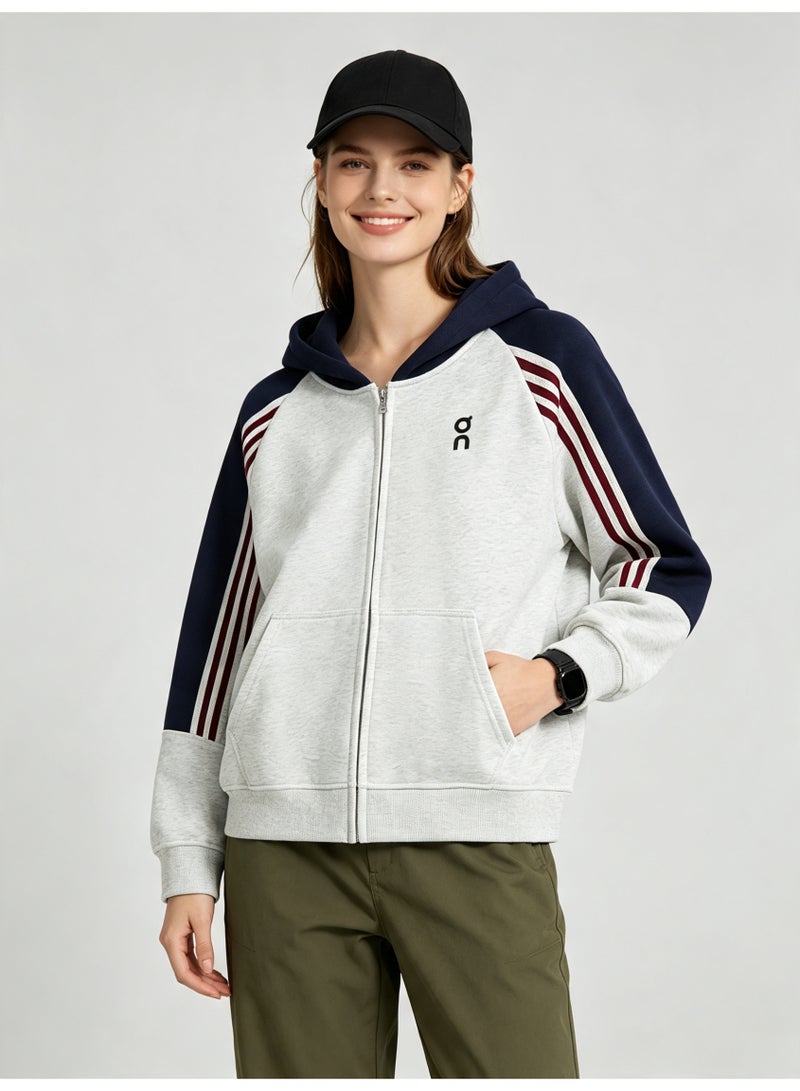 On Running Men and women with matching color hooded striped raglan sleeve zipper coat - Image 5