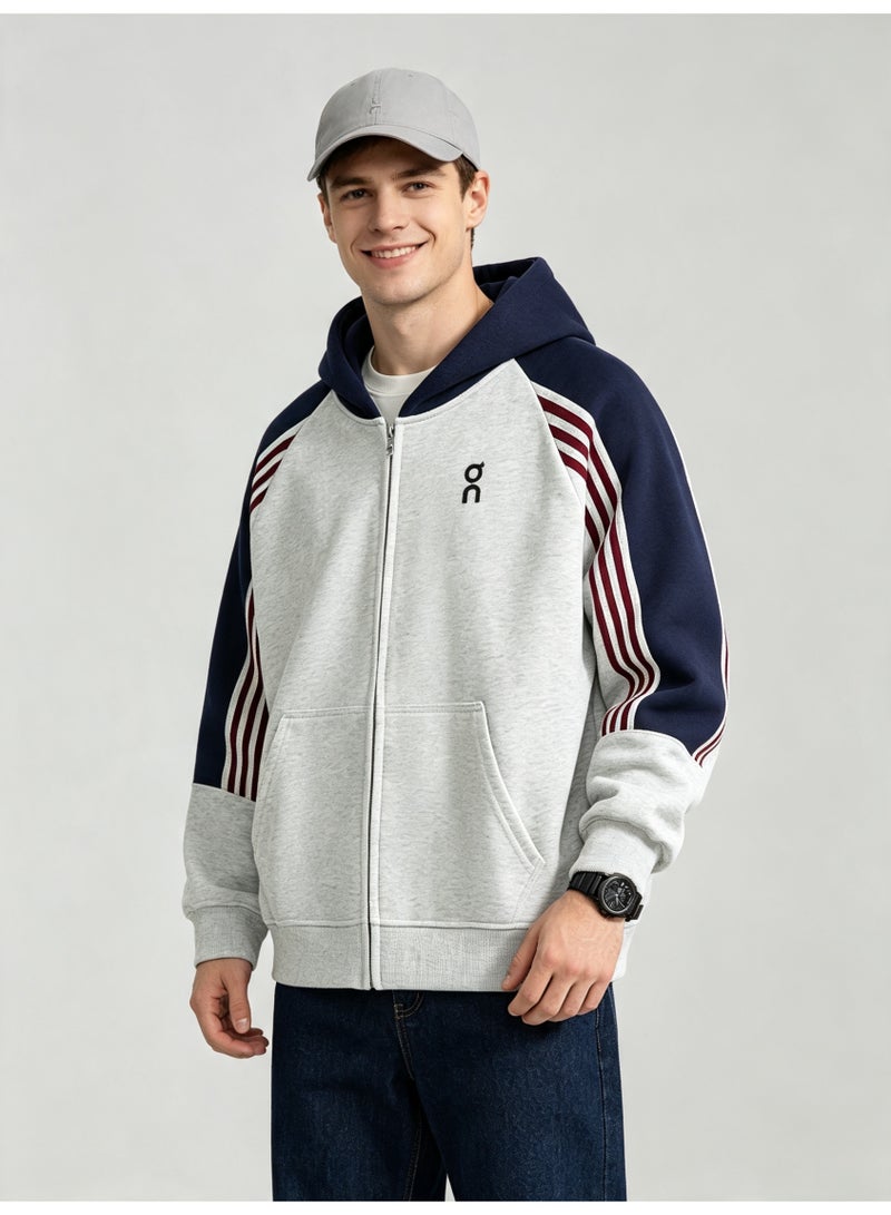 On Running Men and women with matching color hooded striped raglan sleeve zipper coat - Image 1