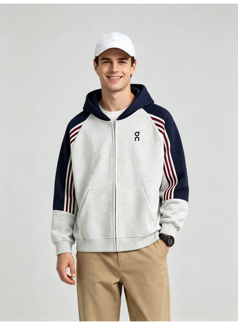 On Running Men and women with matching color hooded striped raglan sleeve zipper coat - Image 3