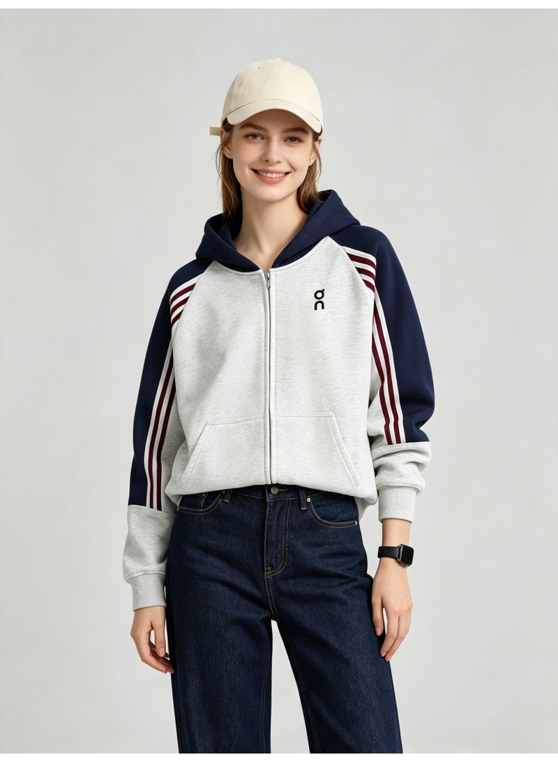 On Running Men and women with matching color hooded striped raglan sleeve zipper coat - Image 4