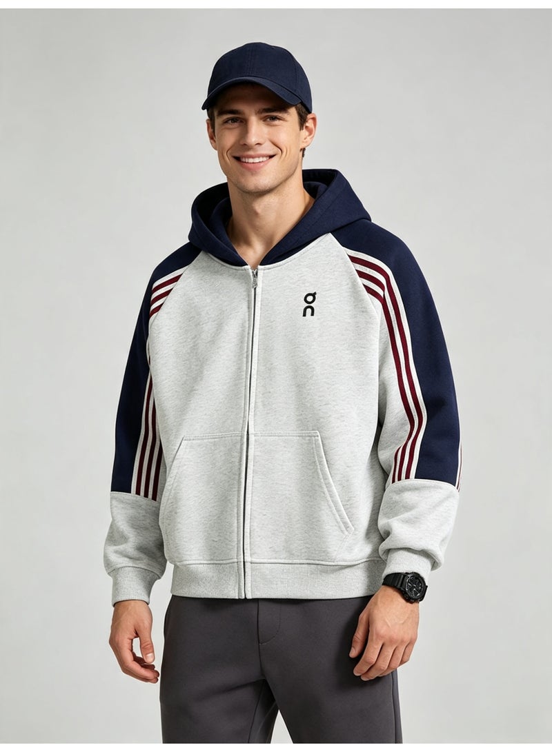 On Running Men and women with matching color hooded striped raglan sleeve zipper coat - Image 2