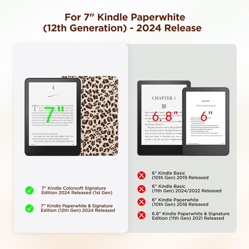 SESENSE Detachable Magnetic Case for 7'' Kindle Paperwhite 12th Gen 2024 and Kindle Colorsoft Signature Edition, Slim PU Shell Cover Case with Auto Wake/Sleep, Leopard - Image 2