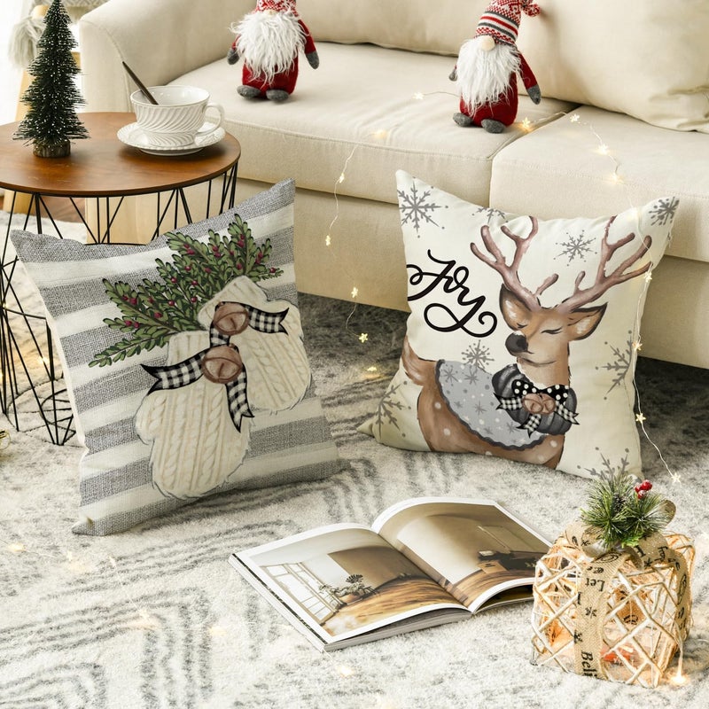 BIGTHREE Vintage Christmas Cushion Covers Set of 4 - 45x45CM Decorative Throw Pillows for Holiday Home Decor - Image 4
