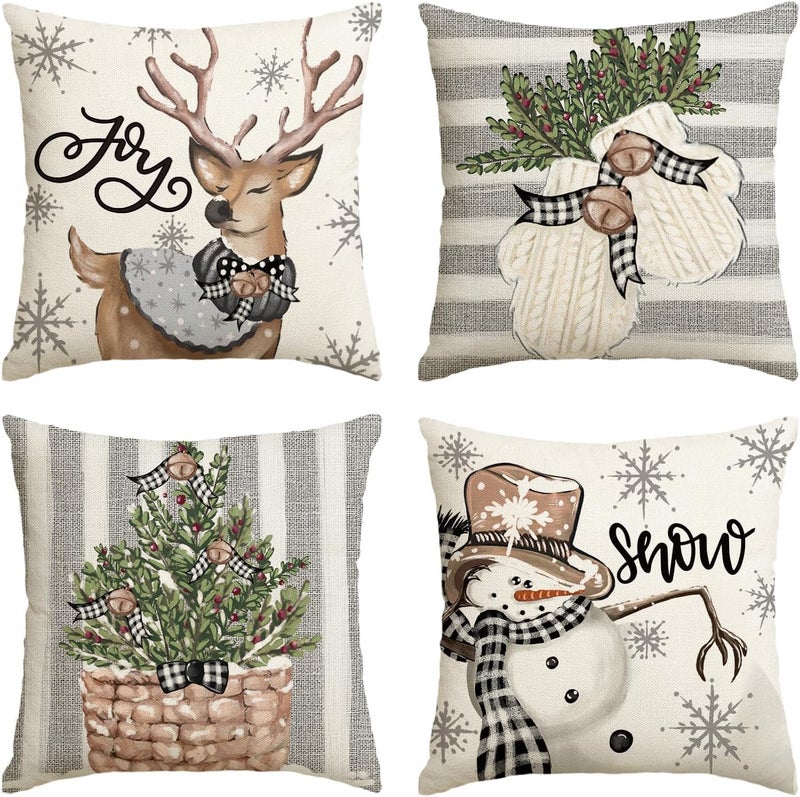 BIGTHREE Vintage Christmas Cushion Covers Set of 4 - 45x45CM Decorative Throw Pillows for Holiday Home Decor - Image 1