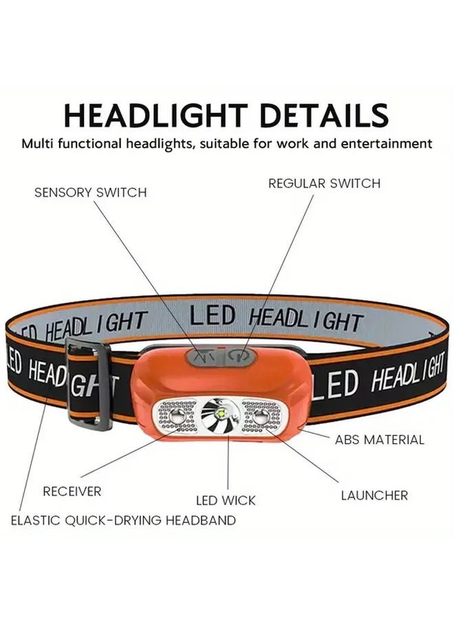 Orange USB Rechargeable Headlamp Adjustable Dimmable Motion Sensing Flashlight - Image 3