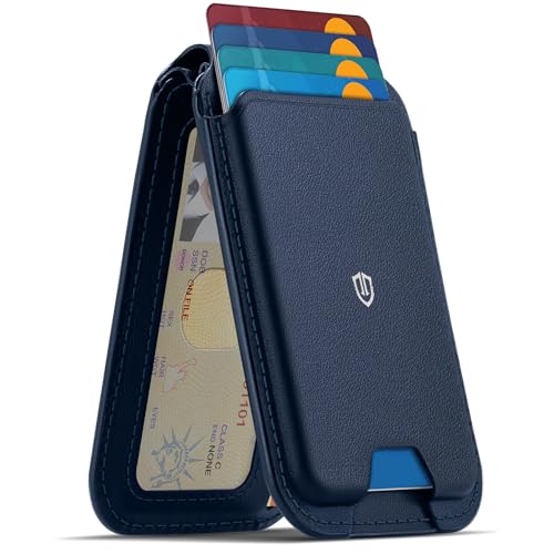 SHIELDON Genuine Leather Strong Magnetic Wallet for Magsafe, Adjustable Stand 6 Card Holders, RFID Blocking, Mag Wallet Compatible with iPhone 17/16/15/14/13/12 Series & Magnetic Case - Navy Blue - Image 1