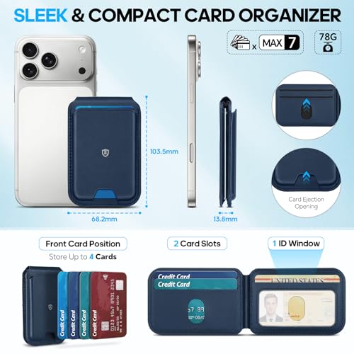 SHIELDON Genuine Leather Strong Magnetic Wallet for Magsafe, Adjustable Stand 6 Card Holders, RFID Blocking, Mag Wallet Compatible with iPhone 17/16/15/14/13/12 Series & Magnetic Case - Navy Blue - Image 3