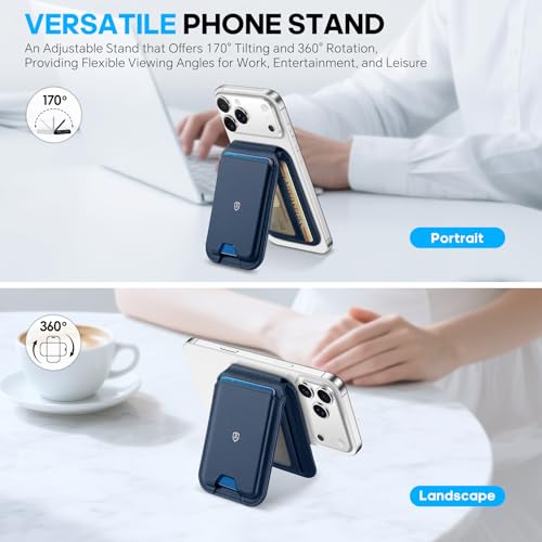 SHIELDON Genuine Leather Strong Magnetic Wallet for Magsafe, Adjustable Stand 6 Card Holders, RFID Blocking, Mag Wallet Compatible with iPhone 17/16/15/14/13/12 Series & Magnetic Case - Navy Blue - Image 4