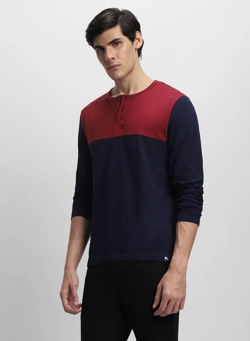 Men'S Navy 100% Cotton Colourblocked Slim Fit T-Shirt
