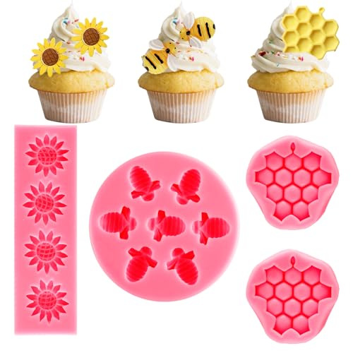 Gaprumi 4Pieces Sunflower Honeycomb and Bee Theme Cake Silicone Mold Set for Cake Decoration Cupcake Toppers DIY Chocolate Fondant Candy Cookies Polymer Clay Soap Crafting Project (Pink) - Image 1