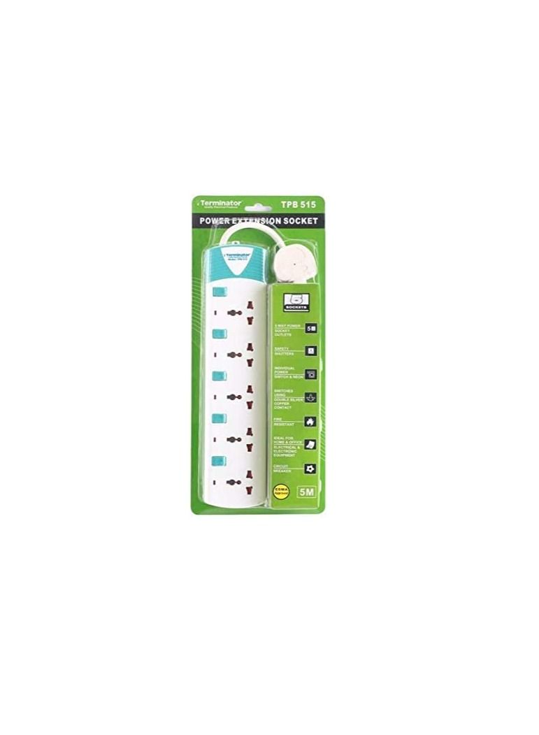Terminator 5 Meter 5 Gang ESMA Approved Universal Power Extension Socket with Individual Switches - 13A Plug 250V - Terminator  - Image 2