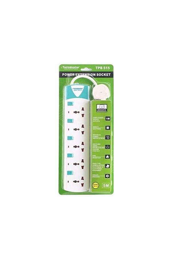 Terminator 5 Meter 5 Gang ESMA Approved Universal Power Extension Socket with Individual Switches - 13A Plug 250V - Terminator  - Image 1