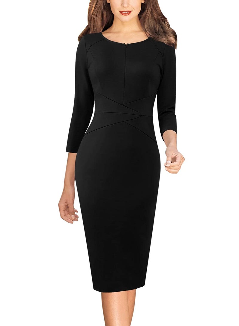 VFSHOW Womens Little Black Elegant Front Zipper Slim Work Business Office Party Bodycon Pencil Sheath Dress 3601 BLK M - Image 2