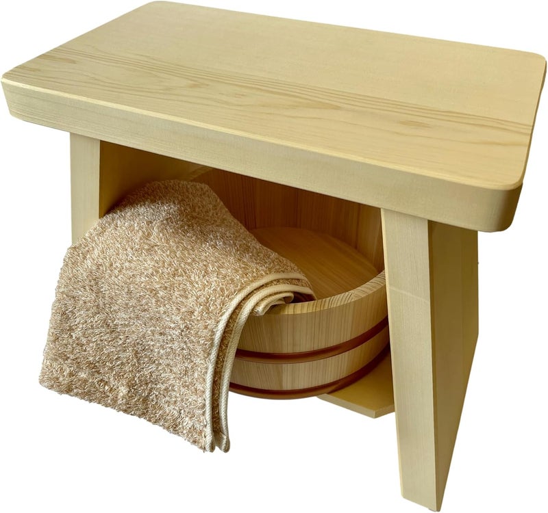 Japanese Hiba Wood Bath Stool Height 11.8 inches & Hinoki Bucket Set (Big Size Stool & L Size Bucket) 