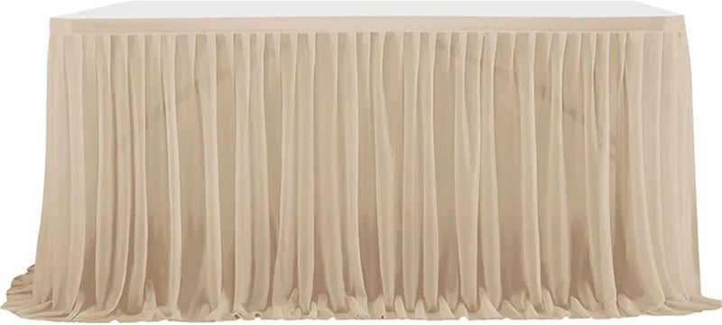 Party Table Skirt Glitter Pearl Chiffon Table Skirt 6FT Guaze Ruffle Dining Skirts For Wedding Party Dessert Banquet(Dark champagne 01,77x275cm 9FT) - Image 1