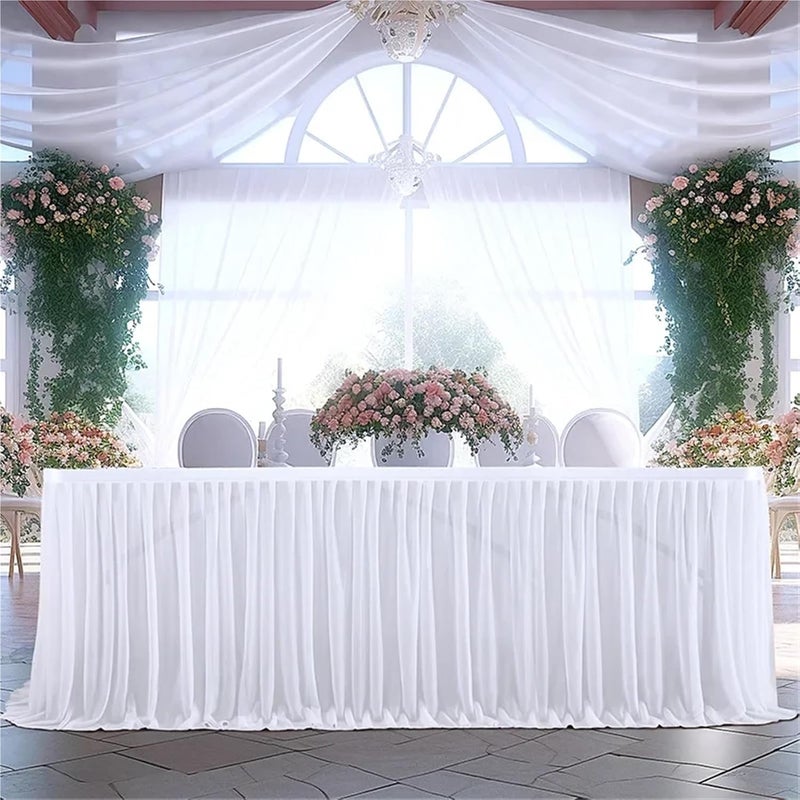 Party Table Skirt Glitter Pearl Chiffon Table Skirt 6FT Guaze Ruffle Dining Skirts For Wedding Party Dessert Banquet(Dark champagne 01,77x275cm 9FT) - Image 3