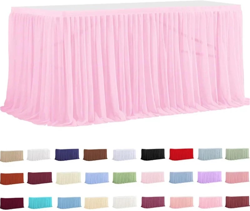 Party Table Skirt Glitter Pearl Chiffon Table Skirt 6FT Guaze Ruffle Dining Skirts For Wedding Party Dessert Banquet(Dark champagne 01,77x275cm 9FT) - Image 2