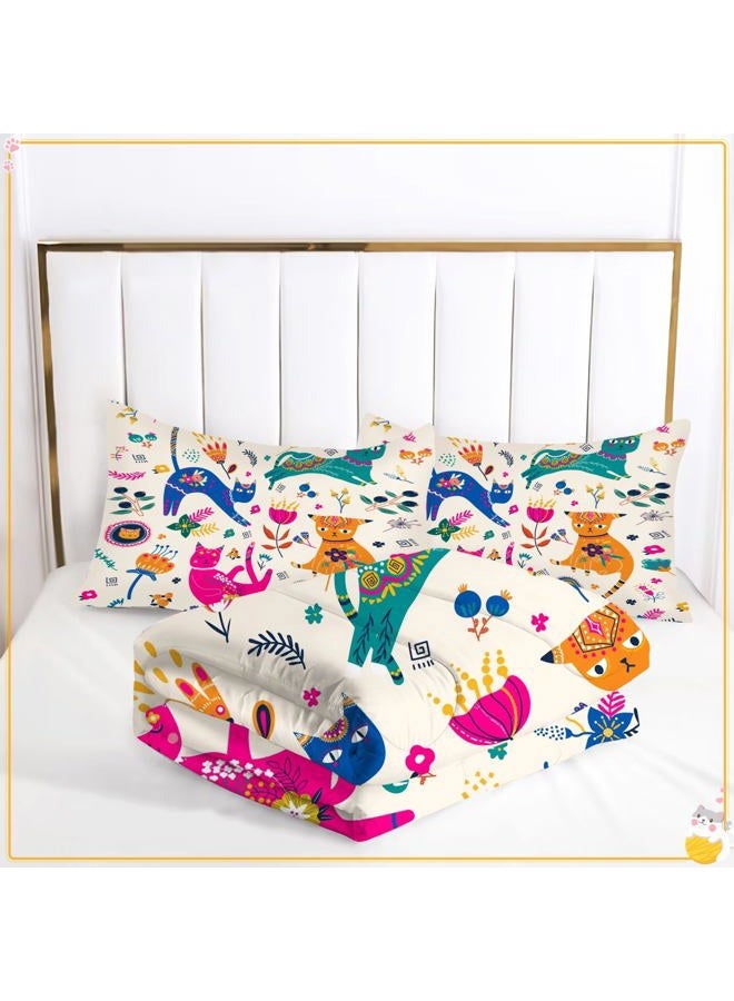 EDGZKO Cat Comforter Set Twin: Cute Floral Cats Twin Bedding Sets for Girls Kids Teens Toddler Cartoon Flowers Kawaii Animals Print Quilt Duvet Bed Set with 1 Comforter & 1 Pillowcase - Image 4