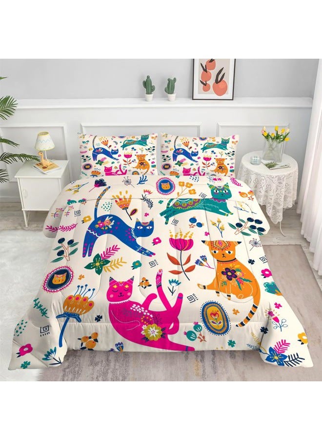 EDGZKO Cat Comforter Set Twin: Cute Floral Cats Twin Bedding Sets for Girls Kids Teens Toddler Cartoon Flowers Kawaii Animals Print Quilt Duvet Bed Set with 1 Comforter & 1 Pillowcase - Image 3