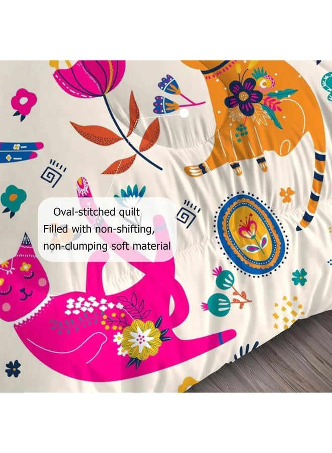 EDGZKO Cat Comforter Set Twin: Cute Floral Cats Twin Bedding Sets for Girls Kids Teens Toddler Cartoon Flowers Kawaii Animals Print Quilt Duvet Bed Set with 1 Comforter & 1 Pillowcase - Image 5