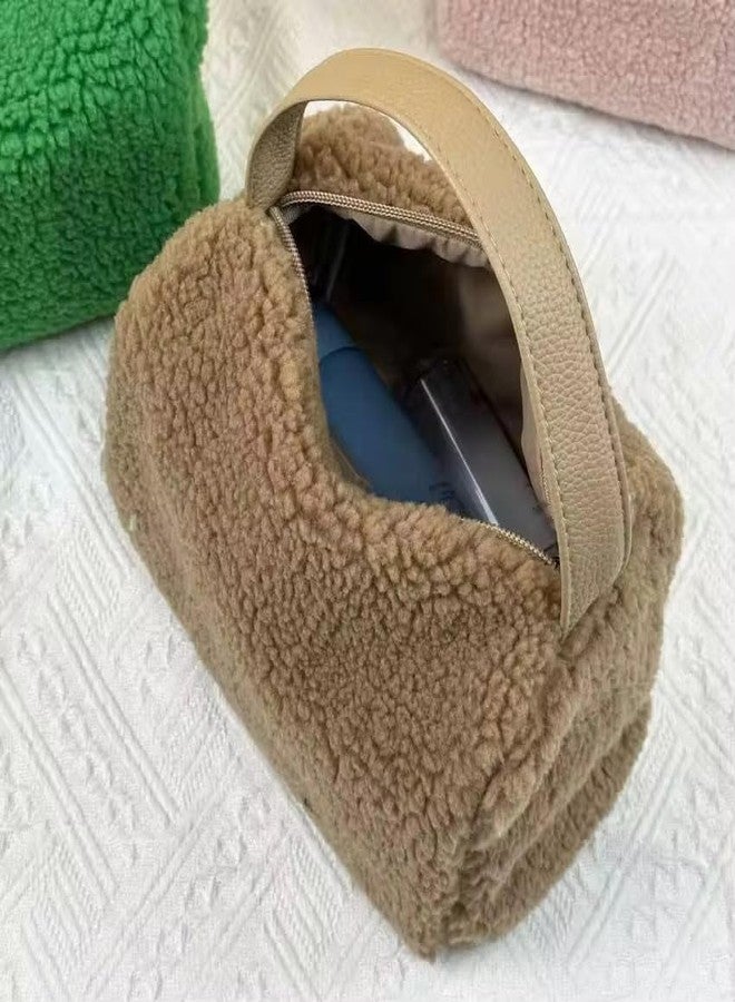 Tristan Home Plush Sherpa Cosmetics Bag, Travel Bag Light Weight, Makeup Accessories, Handle, Small Handbag, Faux Fur Cosmetic Toiletry Bag, Medium - Image 2