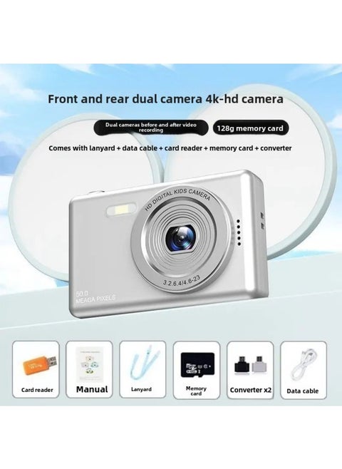 Dual-camera HD Pixel Ccd Digital Camera Self-timer Vlog Small Card Machine Student Campus Introduction To Mobile Phone-Body Color: Xx*6 Crystal Silver - Camera + 128g Memory/can Take 20k Photos + 600 Videos