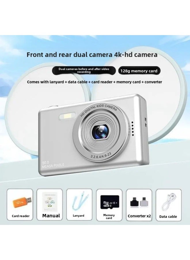 Generic Dual-camera HD Pixel Ccd Digital Camera Self-timer Vlog Small Card Machine Student Campus Introduction To Mobile Phone-Body Color: Xx*6 Crystal Silver - Camera + 128g Memory/can Take 20k Photos + 600 Videos  - Image 1