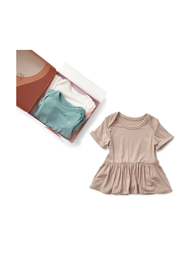 Anvi Baby Organic Bamboo Spandex Onesie Dress- Gift Set Girls- Mocha/Sage/White