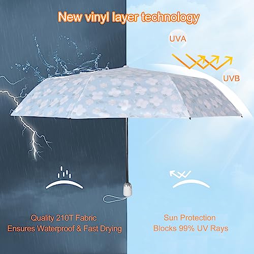 Cuby UV Sun Umbrella Compact Folding Travel Umbrella Auto Open and Close for Windproof, Rainproof & 99.9% UV Protection Parasol with Black Anti-UV Coating (Blue Jasmine) - Image 2