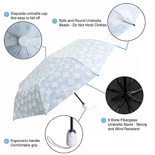 Cuby UV Sun Umbrella Compact Folding Travel Umbrella Auto Open and Close for Windproof, Rainproof & 99.9% UV Protection Parasol with Black Anti-UV Coating (Blue Jasmine) - Image 3