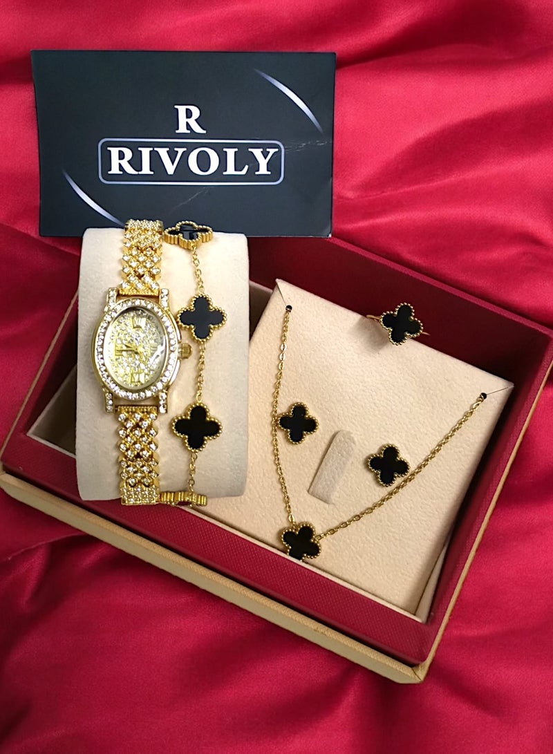 ريفولي طقم نسائي أنيق من الفولاذ المقاوم للصدأ يتكون من ساعة مقاومة للماء مع مجموعة من الأساور والخواتم والقلائد والأقراط - Image 1
