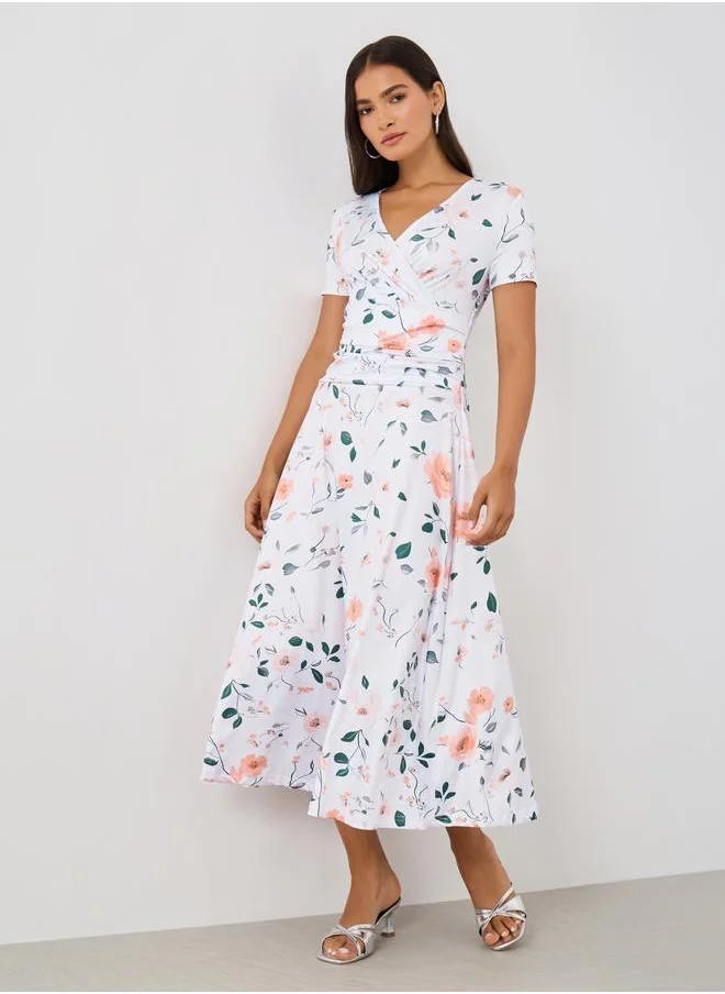 Styli Styli Floral Print Short Sleeves A-Line Midi Dress