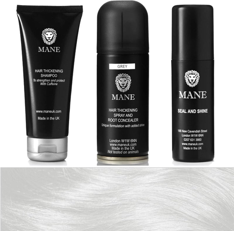 Mane Hair Thickener Shampoo and Shine finishing spray Travel Pack 100 ml Grey