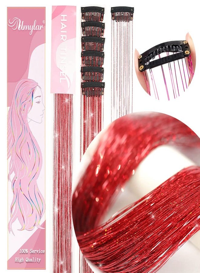 VIVIAN 2Pcs Clip in Hair Tinsel, 24 Inch Glitter Tinsel Hair Extensions, Festival Tinsel Fairy Hair Party Dazzle Hair Accessories Strands Kit (2Pcs, Red) - Image 2