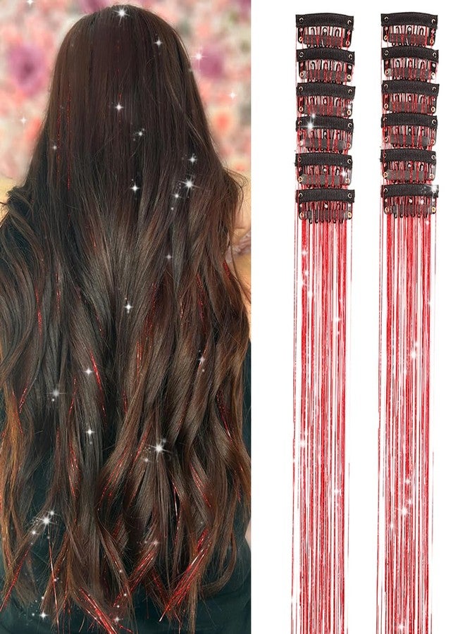 VIVIAN 2Pcs Clip in Hair Tinsel, 24 Inch Glitter Tinsel Hair Extensions, Festival Tinsel Fairy Hair Party Dazzle Hair Accessories Strands Kit (2Pcs, Red) - Image 1