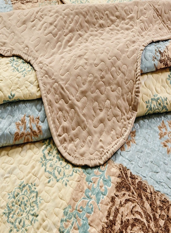 Masterplay طقم لحاف ماستر بلاي مكون من 3 قطع مطبوع فاخر كبير الحجم (118 بوصة × 95 بوصة)، غطاء سرير (كاليفورنيا) غطاء سرير بحجم كاليفورنيا كينج مع أغطية وسائد (أزرق فاتح، بيج، زهور بنية) - Image 4