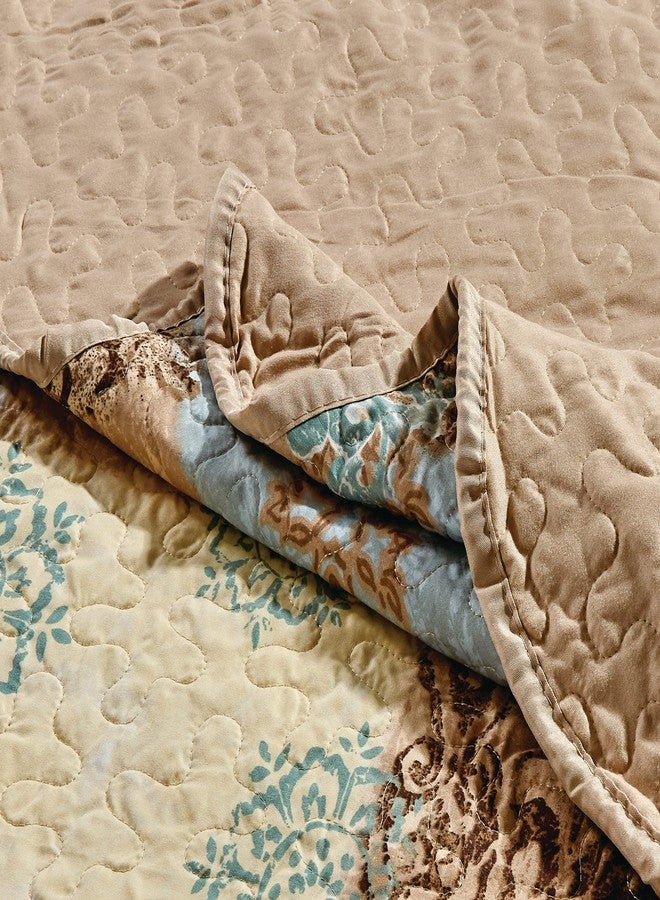 Masterplay طقم لحاف ماستر بلاي مكون من 3 قطع مطبوع فاخر كبير الحجم (118 بوصة × 95 بوصة)، غطاء سرير (كاليفورنيا) غطاء سرير بحجم كاليفورنيا كينج مع أغطية وسائد (أزرق فاتح، بيج، زهور بنية) - Image 5