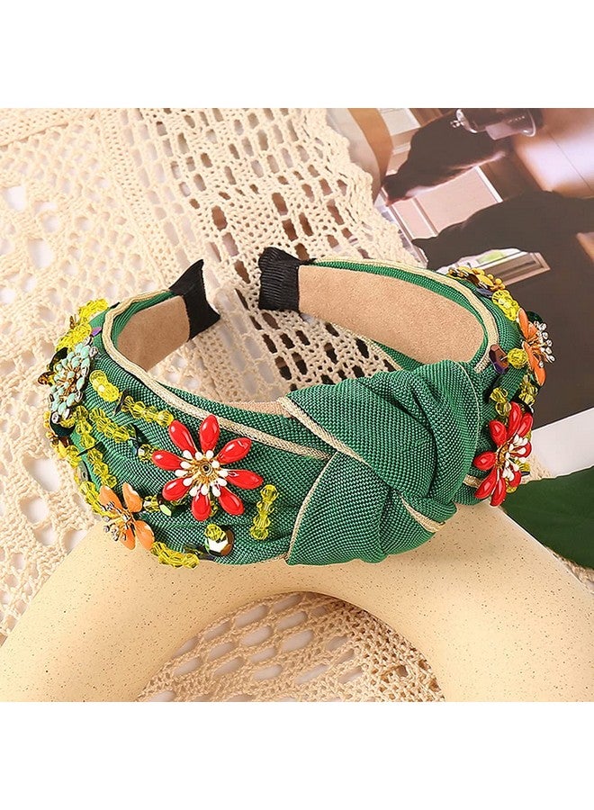 QTMY Rhinestone Crystal Wide Headbands Knot Turban Fashion Vintage Hairband Elastic Hair Hoops Hair Accessories For Women Girls (Green) - Image 4